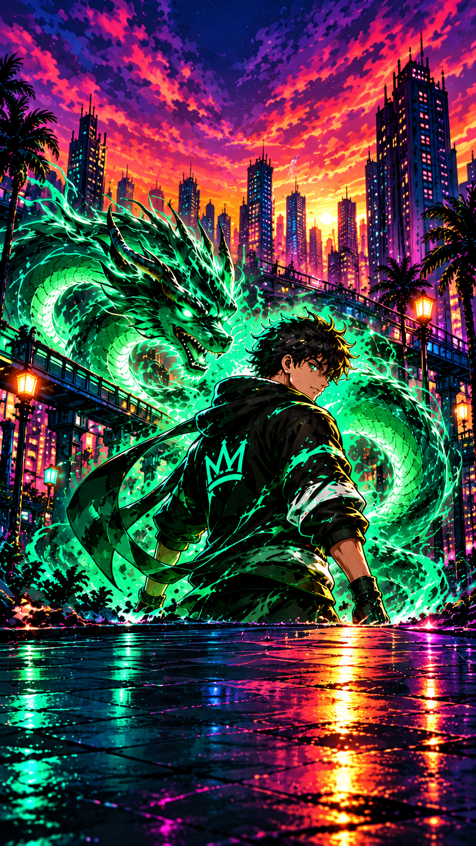 NXTONE athlete with an emerald dragon in a neon city